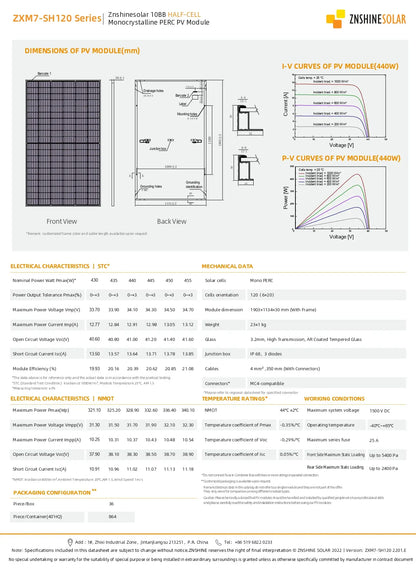 Technical datasheet and dimension diagram for the ZKX70-SH120 Series Zinnesolar 108V Half-Cell Monocrystalline PERC PV Module, showing front and back views, I-V curves, P-V curves, electrical characteristics, and packing configuration.