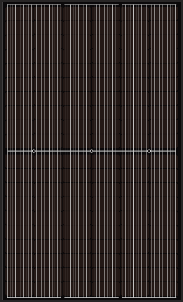 A close-up of a solar panel surface showing dark brown and black ribbed photovoltaic cells with a thin white horizontal contact line across the center.
