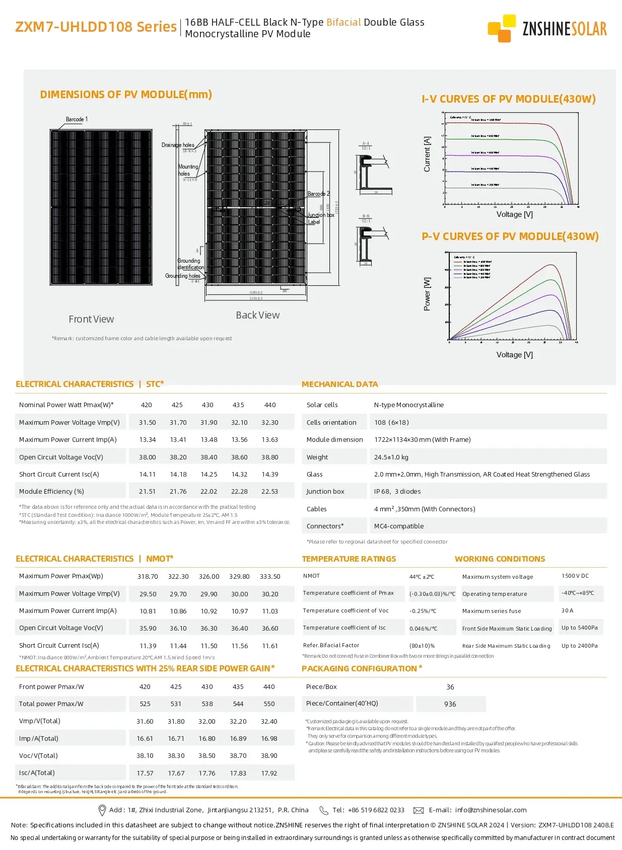 Technical specification of ZNShine Solar panel 435 watts