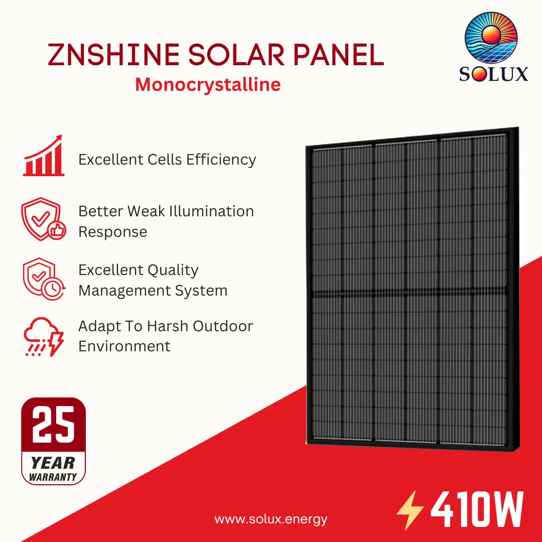 A ZHNSHINE monocrystalline solar panel by Solux, shown at a three-quarter angle on a white and red graphic background with text highlighting product features and a 25-year warranty.