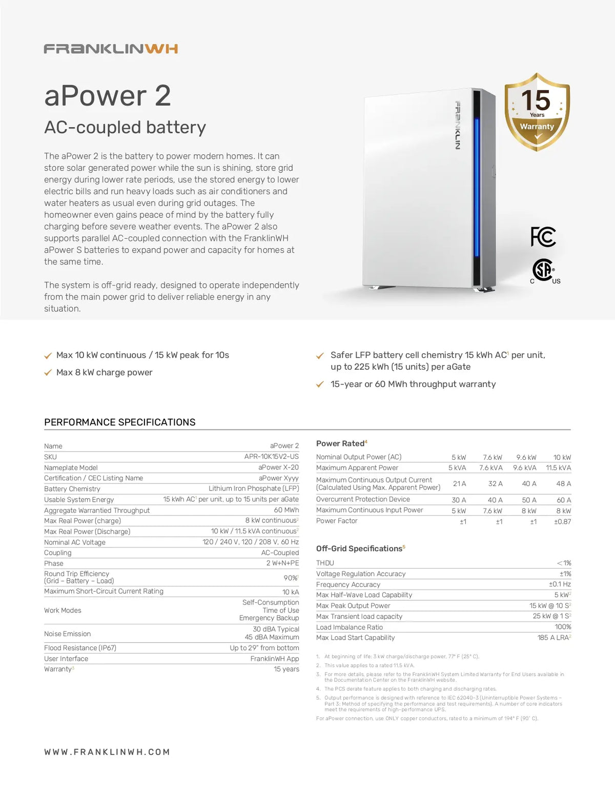 FranklinWH APR-10K15V2-US AC 120/240Vac Battery Energy Storage Unit