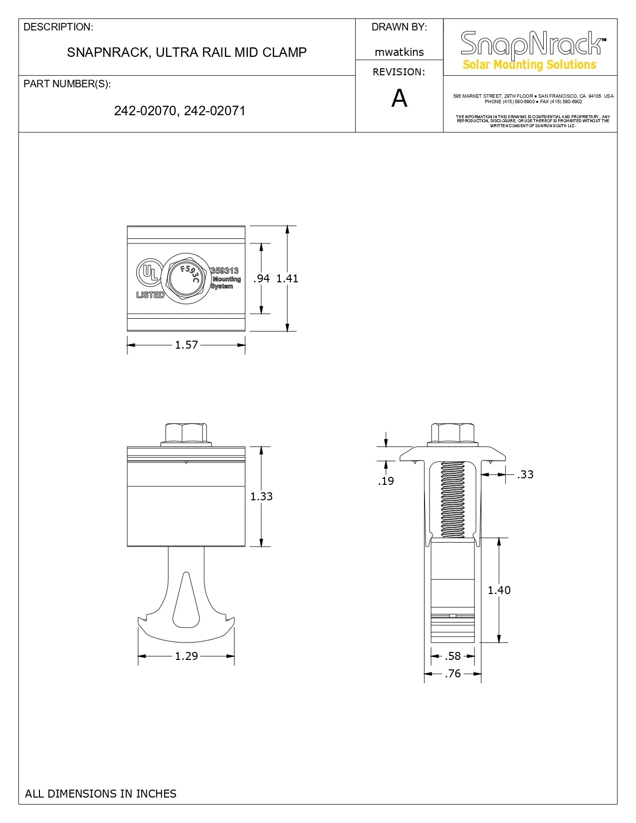 Technical drawing of a SnapNrack Ultra Rail Mid Clamp with dimensions and specifications.