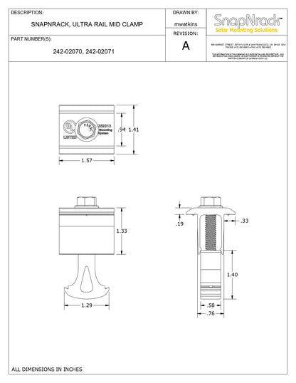 Technical drawing of a SnapNrack Ultra Rail Mid Clamp with dimensions and specifications.