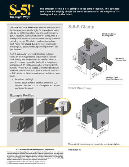 Technical datasheet for S-5! S-5-S and S-5-Mini clamps with diagrams and specifications.